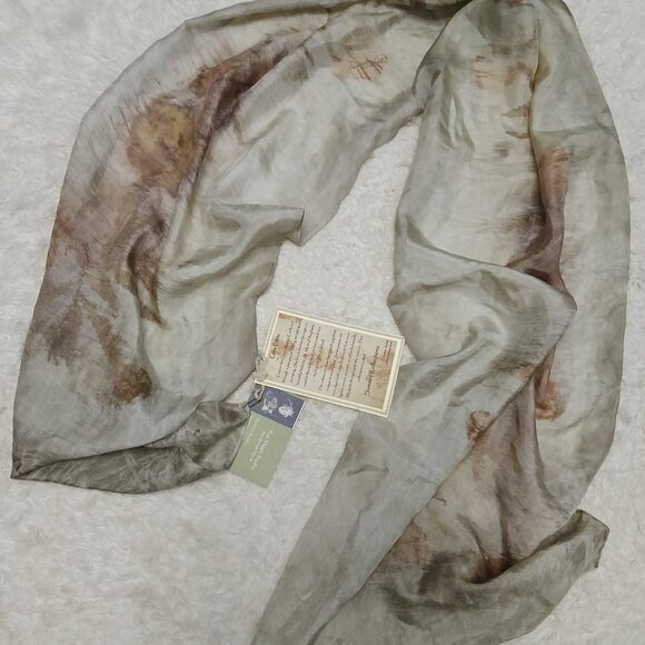 Gaia Print Fine Dusty Natural Earthy Brown Gray Silk Oblong Rectangle Scarf - Picture 1 of 6